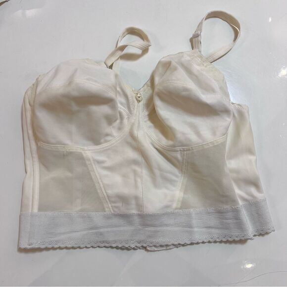 Vintage 1960s / 1970s Ivory Mesh Panel Long Line Soft Cup Bra Corset Bustier - Picture 5 of 13